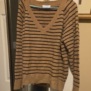 Old Navy Tan and Black Striped V-Neck Sweater
